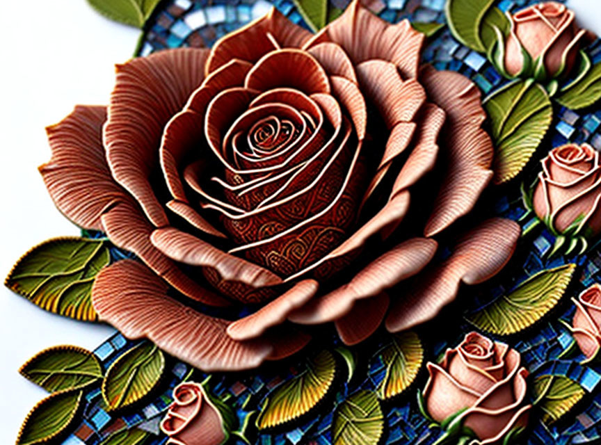 Detailed Artistic Rose Creation with Intricate Patterns on Mosaic Background