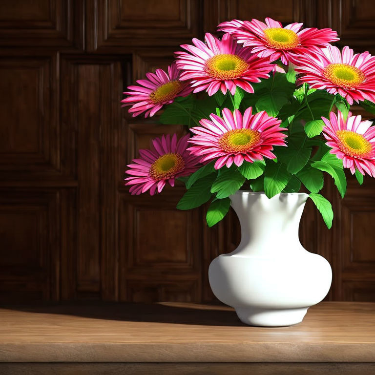 White Vase with Pink Daisies on Wooden Surface and Sunlit Wood Panel