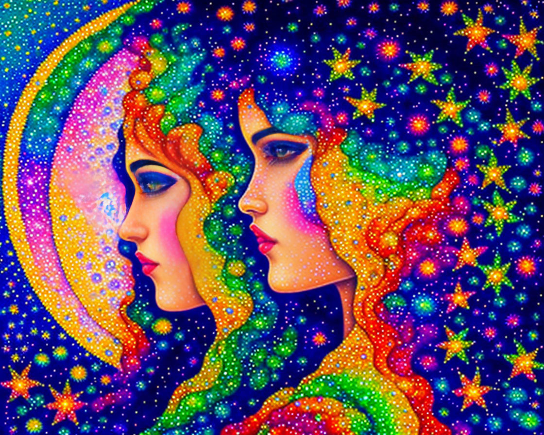 Artistic portrayal of two women profiles in cosmic setting with crescent moon and glittering space.