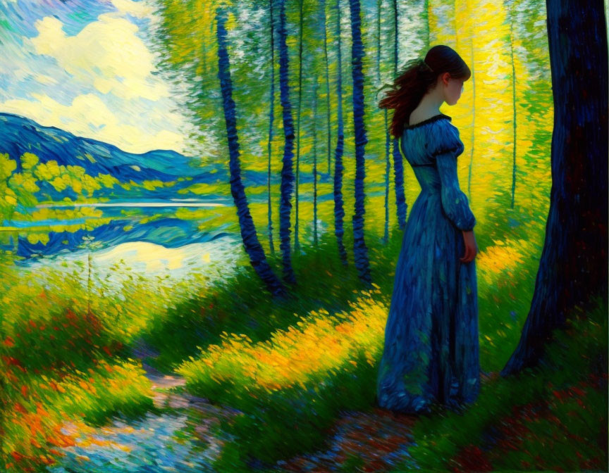 Woman in blue dress by serene lake in vibrant forest landscape