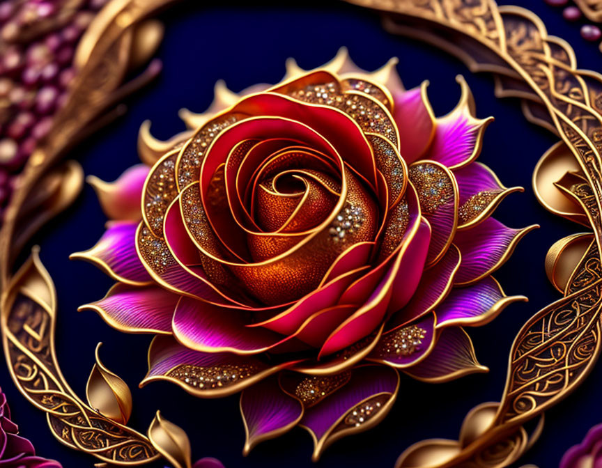 Detailed digital rose illustration with golden accents in ornate circular frame on deep blue backdrop