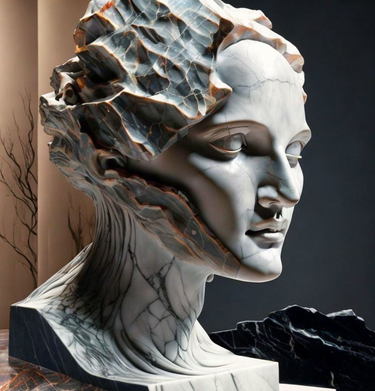 Detailed Human Face Sculpture in Variegated Marble