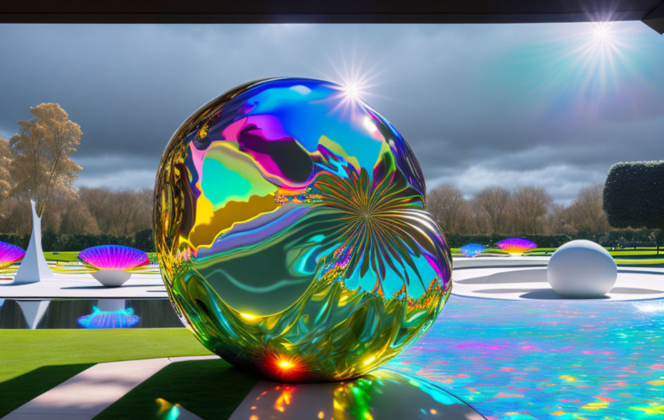 Colorful reflective spheres in surreal outdoor landscape