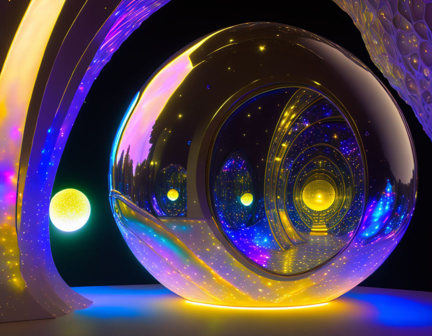 Circular entrance tunnel with vibrant, cosmic lights