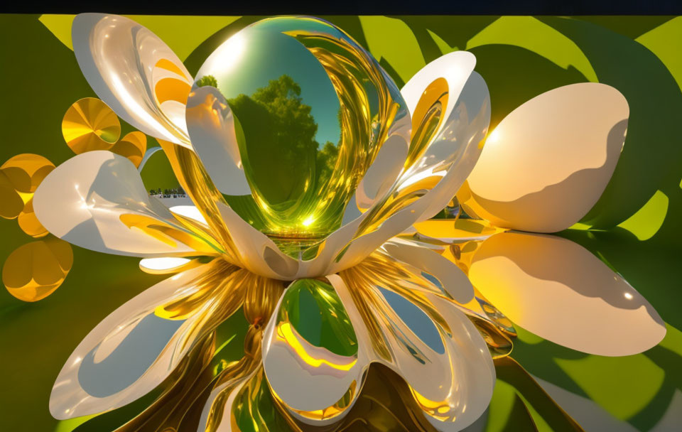 Glossy sculpture with golden and white petals against blue sky and trees on green background