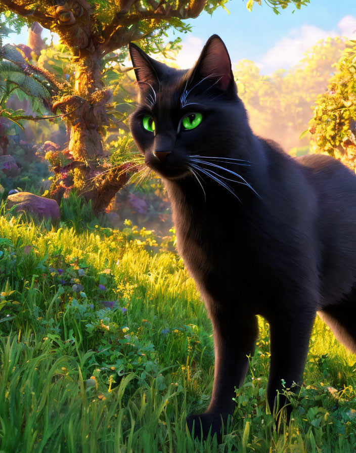 Striking green-eyed black cat in lush greenery under sunlight