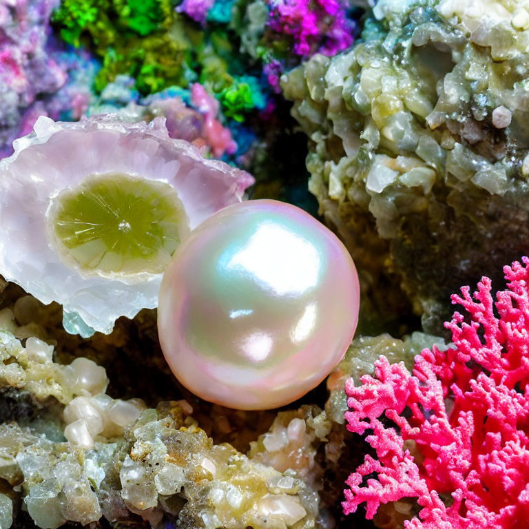 Vividly colored minerals with lustrous pearl and pink coral-like structure