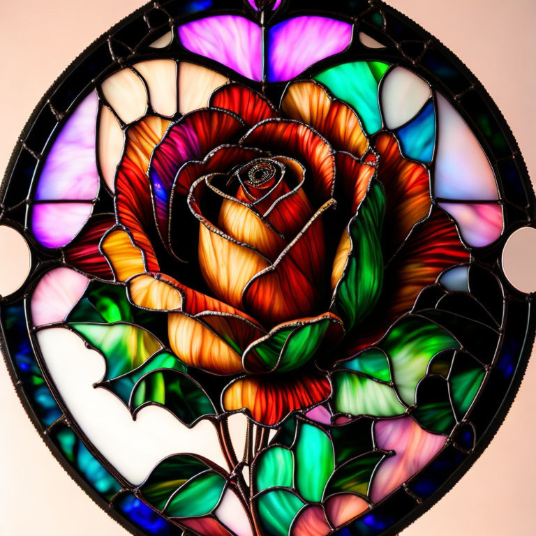 Colorful stained glass artwork with central rose and leaf motifs