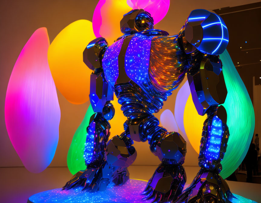 Colorful Glowing Humanoid Sculpture Amidst Multicolored Shapes