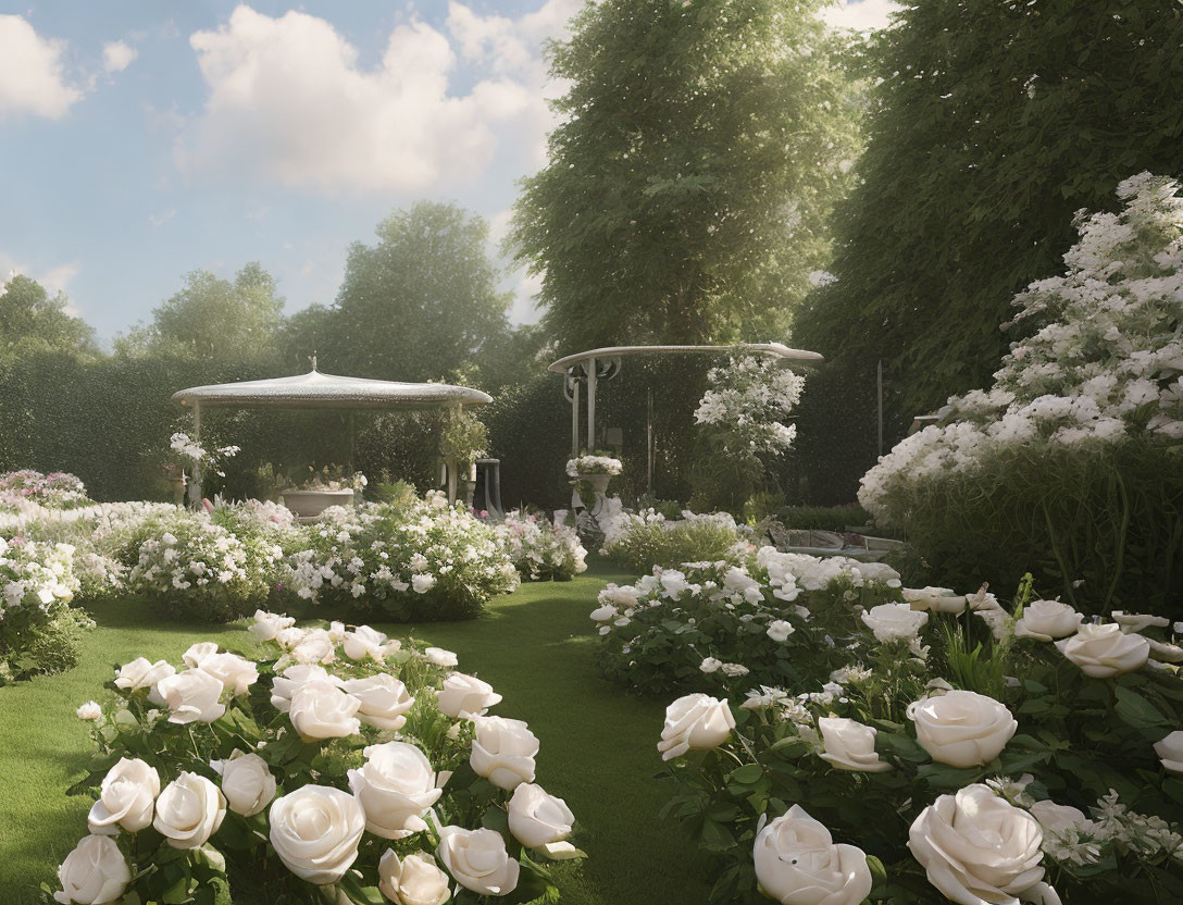 Tranquil garden with green trees, white roses, gazebo, and swing