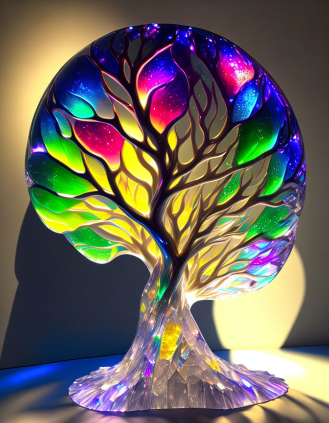 Vibrant glass tree sculpture with translucent, colorful leaves