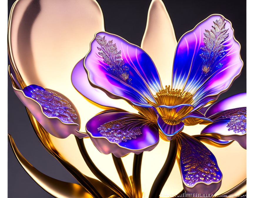 Stylized digital artwork: Vibrant purple and blue flower with golden accents on dark background