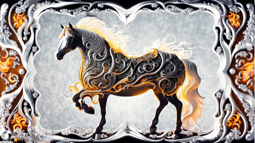 Digital artwork of ornate horse with flowing mane in intricate frame