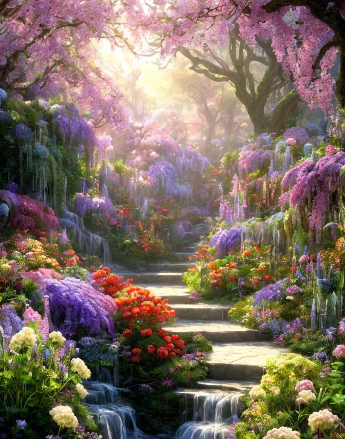 Enchanting garden path with waterfalls, cherry blossoms, wisteria, and glowing flowers