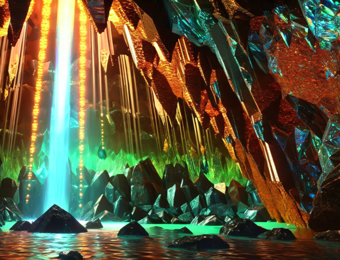 Crystal Cave Illuminated by Orange and Green Light