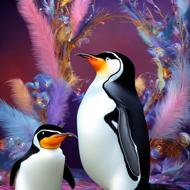 Colorful Background with Feathers & Bubbles Featuring Two Penguins