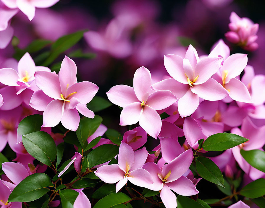 Pink flowers with soft focus background and lush green leaves.