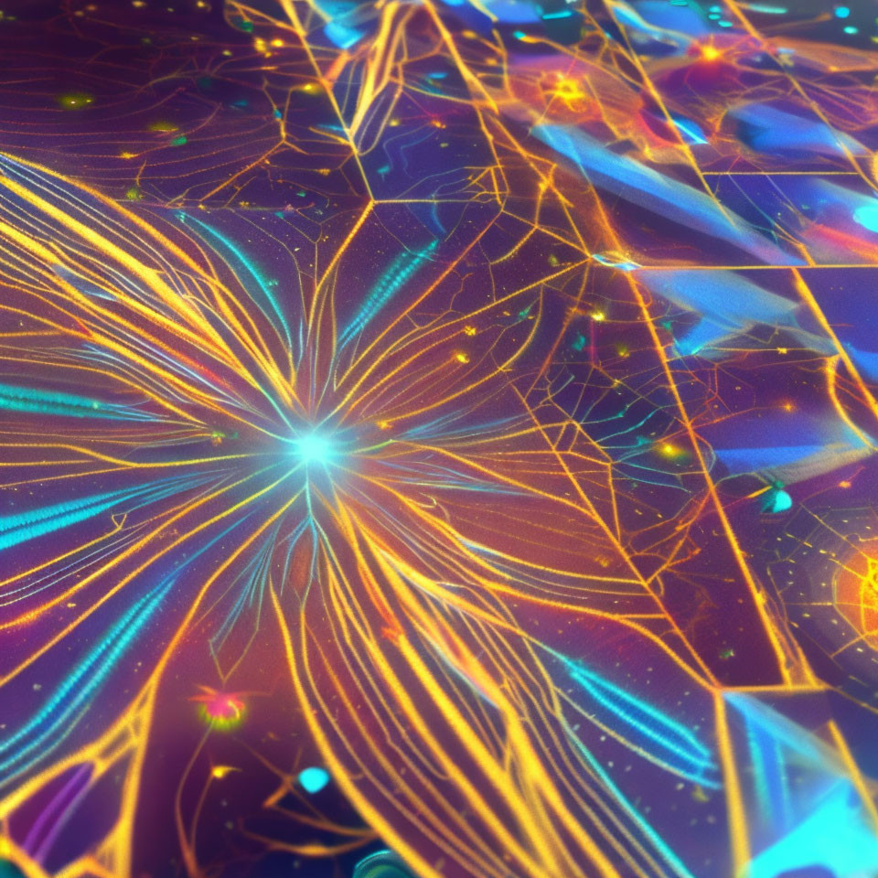 Colorful digital artwork: Luminous burst with radiant lines on cosmic background