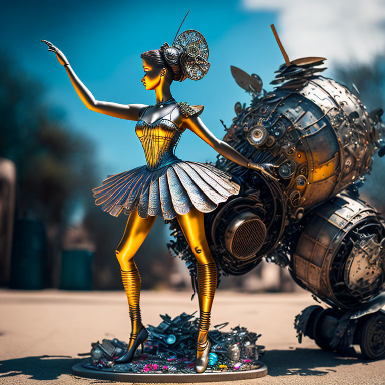 Steampunk-inspired figure with mechanical parts next to spherical robot