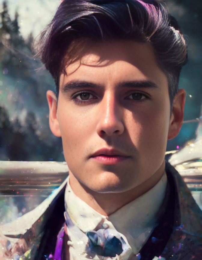 Portrait of young man with dark hair and colorful suit under soft lighting