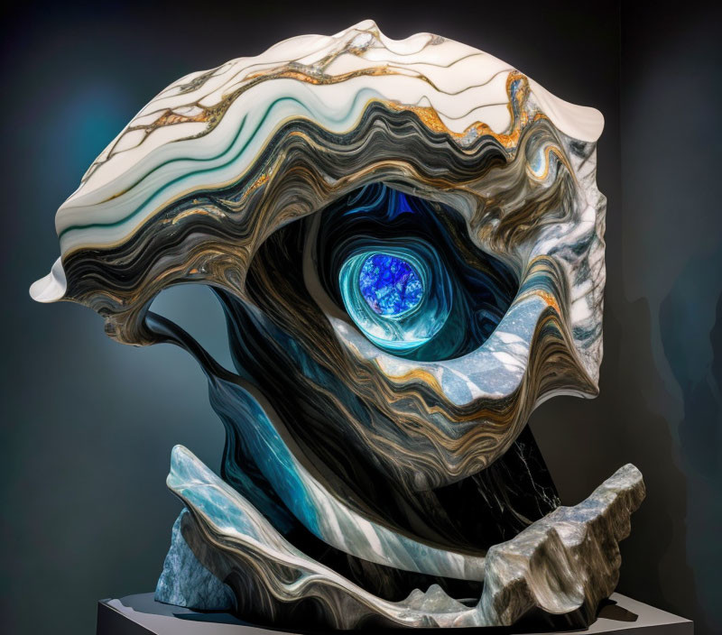 Wave-inspired sculpture with beige, brown, and blue layers and a central blue gemstone