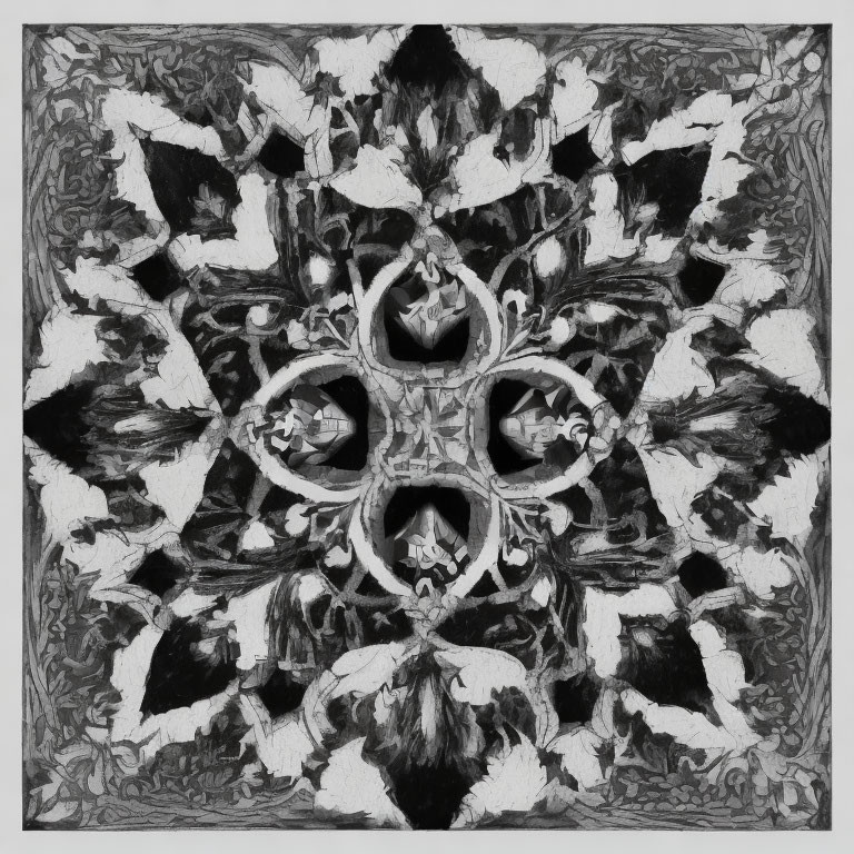 Grayscale kaleidoscopic floral mandala design.