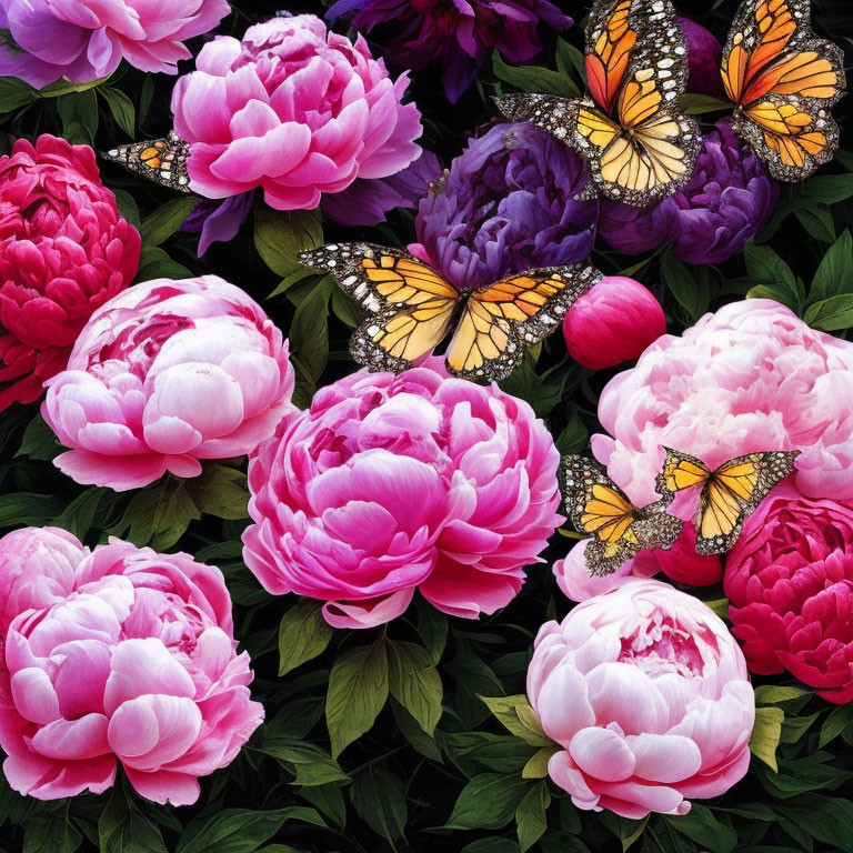 Colorful Peonies and Monarch Butterflies in Garden Scene