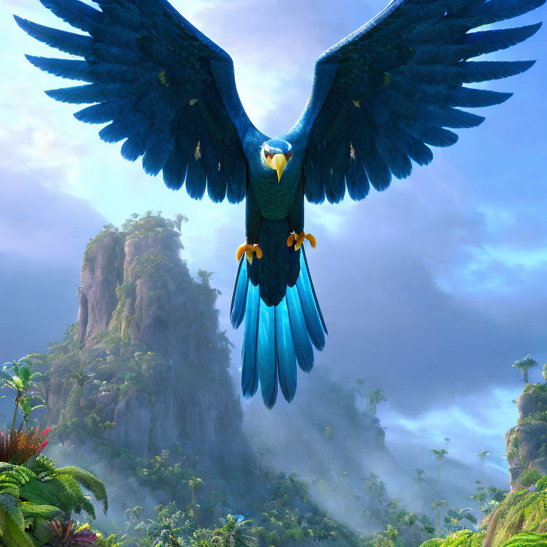 Colorful Parrot Flying Over Foggy Jungle Landscape in Blue and Yellow