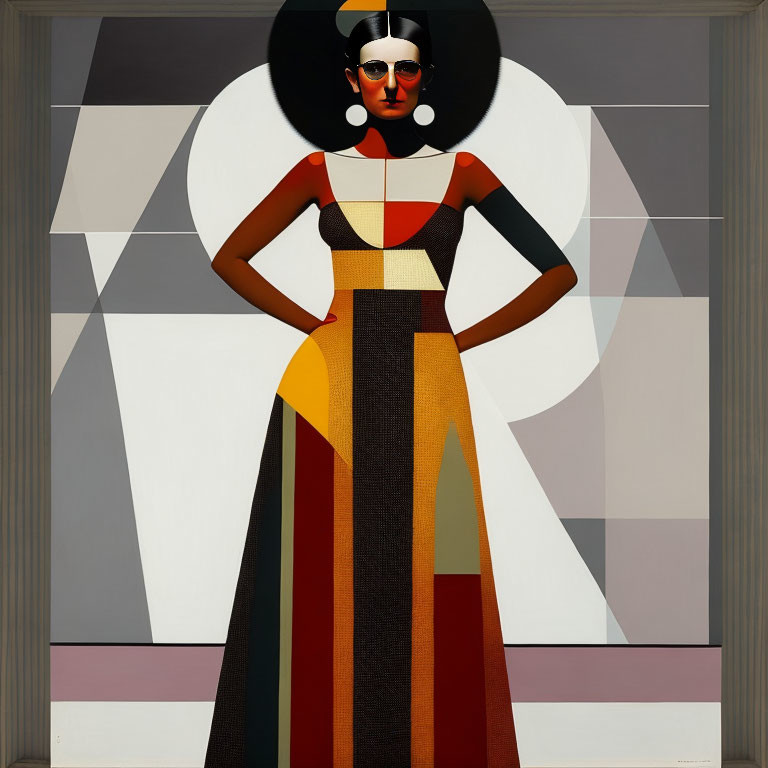 Geometric pattern stylized portrait of woman with round black hairstyle and sunglasses.