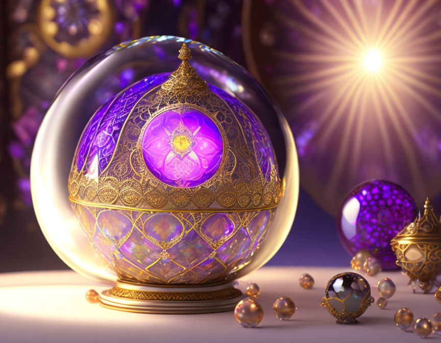 Golden sphere with purple crystal and intricate designs in warm light