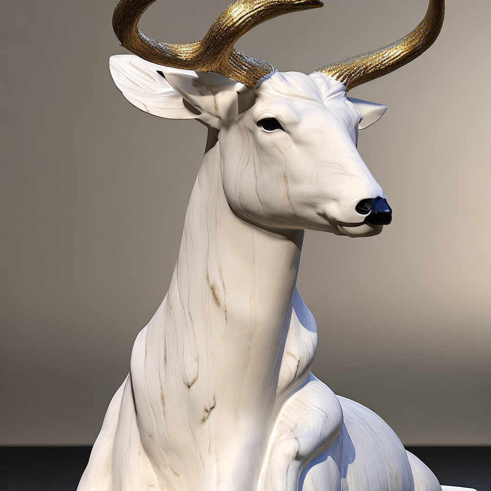 White Stag Sculpture with Golden Antlers on Neutral Background