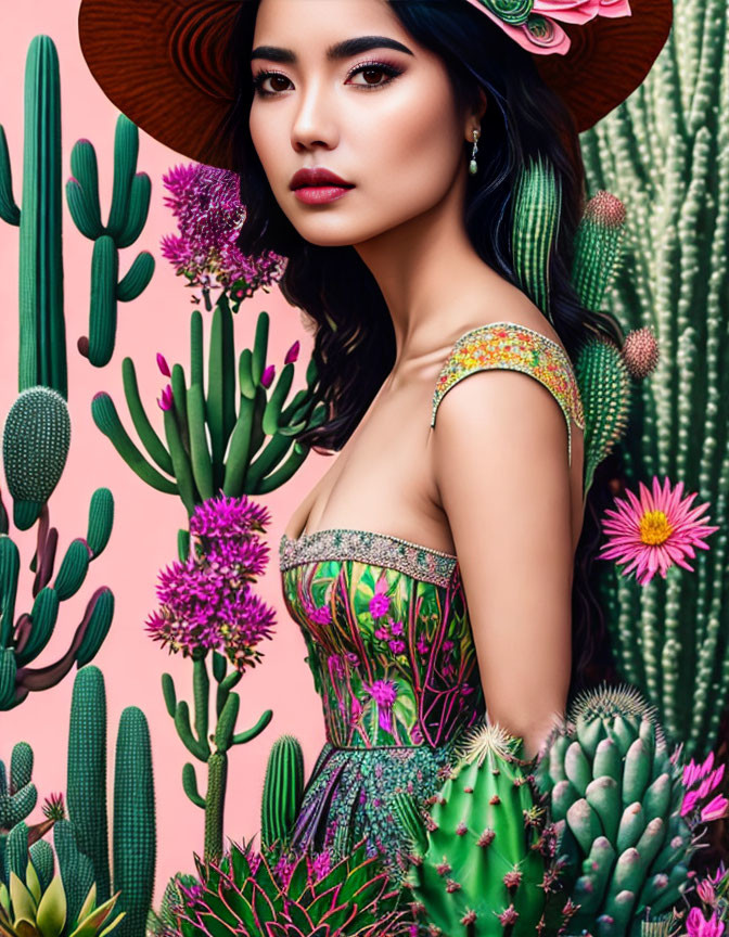 Elegant woman surrounded by vibrant cacti and succulents in floral attire