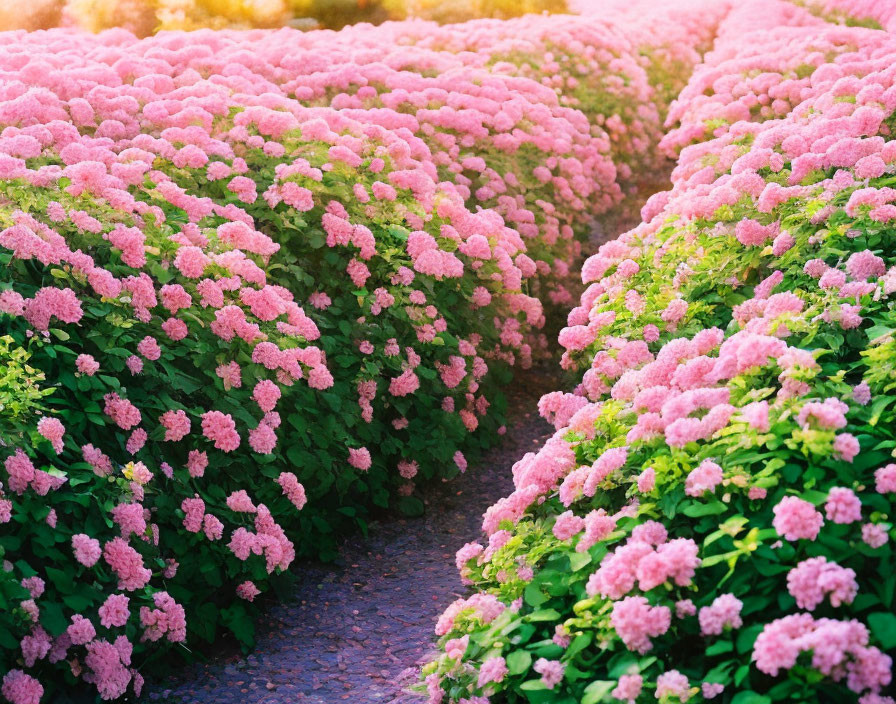 Vibrant pink hydrangea bushes lining a sunlit pathway