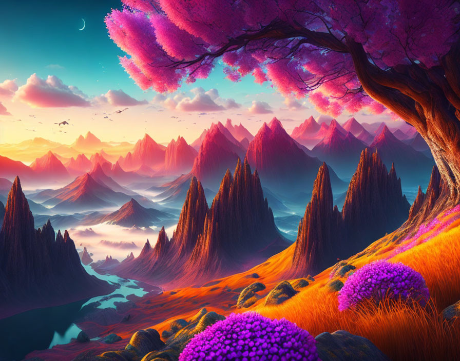 Colorful fantasy landscape with flowering trees, purple flora, orange grass, mountains, and serene river at