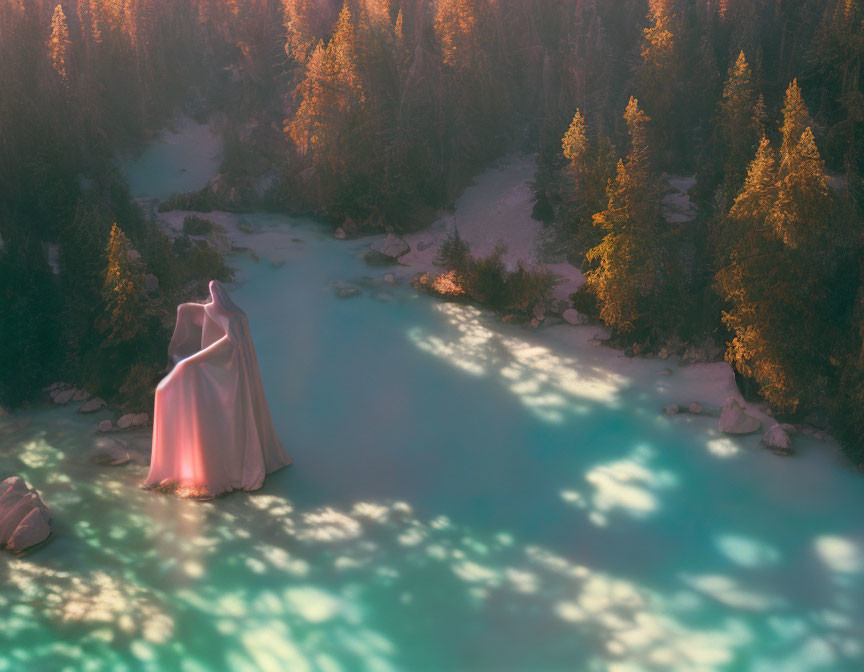 Mystical figure in flowing dress by turquoise river in serene forest