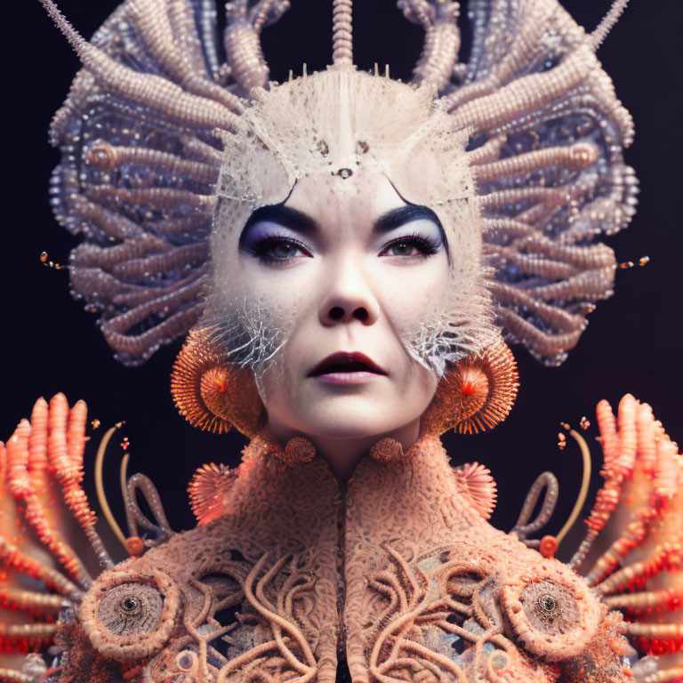 Intricate sea life-inspired headgear and collar in orange and beige palette