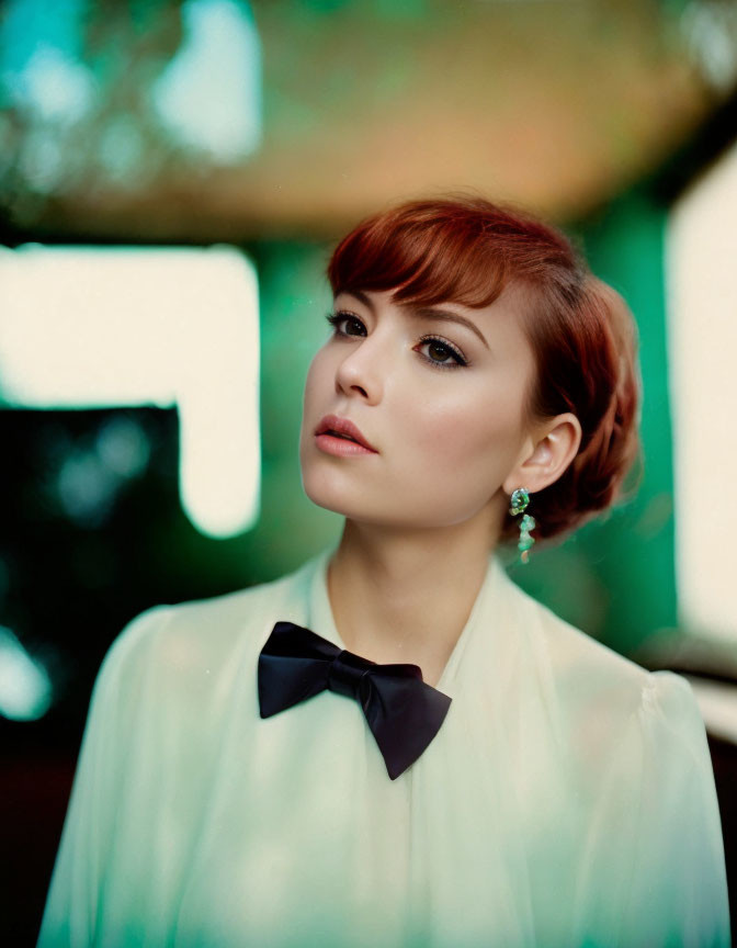 Short-haired woman in white blouse with bow tie and green earrings in front of blurred background