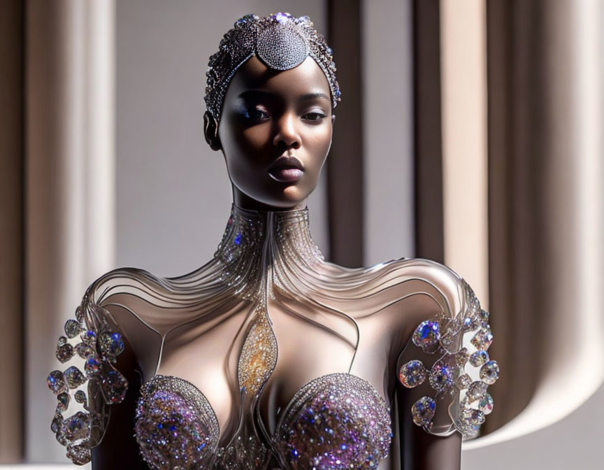 Futuristic woman in elaborate metallic costume with striking makeup