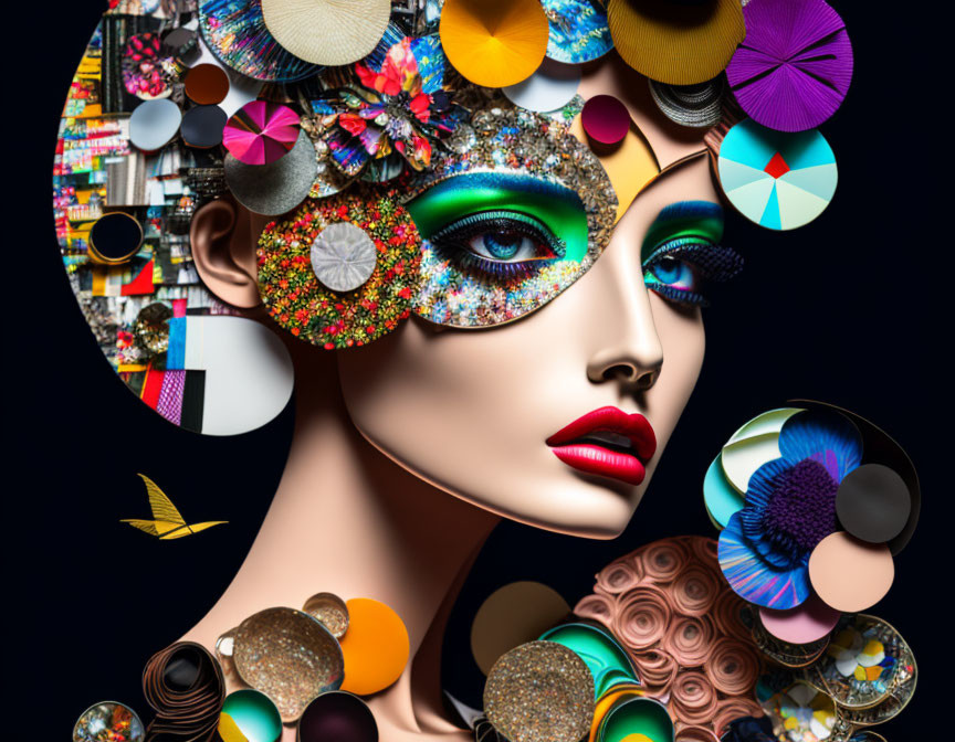 Colorful digital artwork: Woman's face with green eye makeup in geometric and floral collage