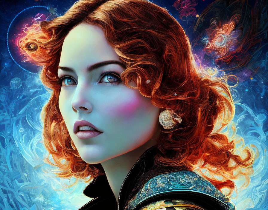 Digital illustration: Woman with red hair and blue eyes in cosmic backdrop