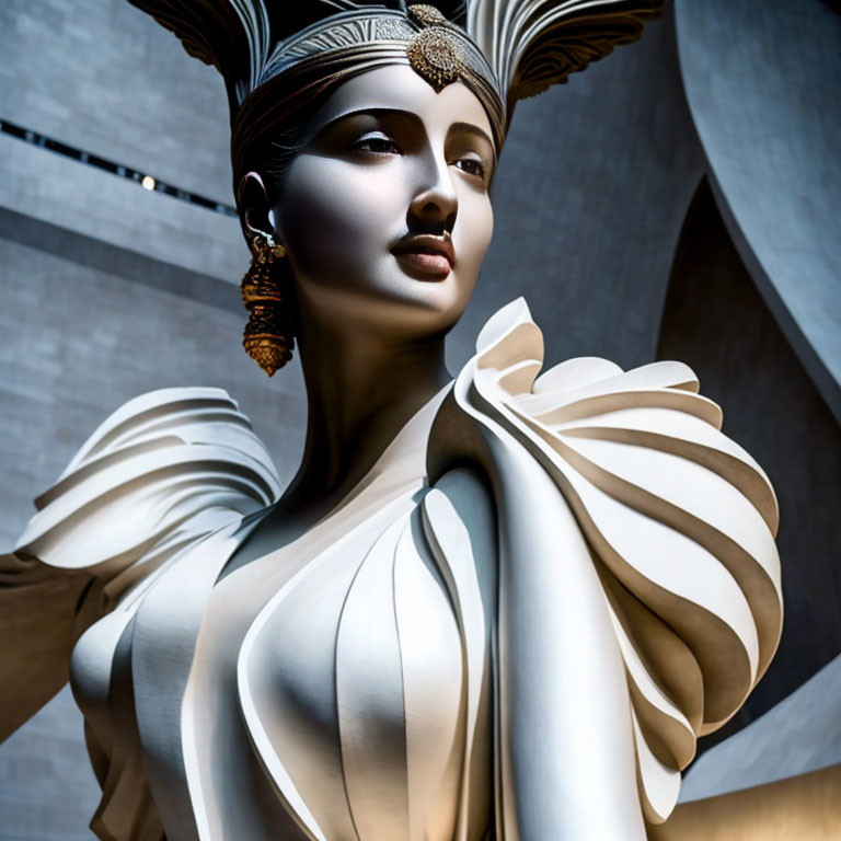 Stylized woman statue with pleated dress and elaborate headdress