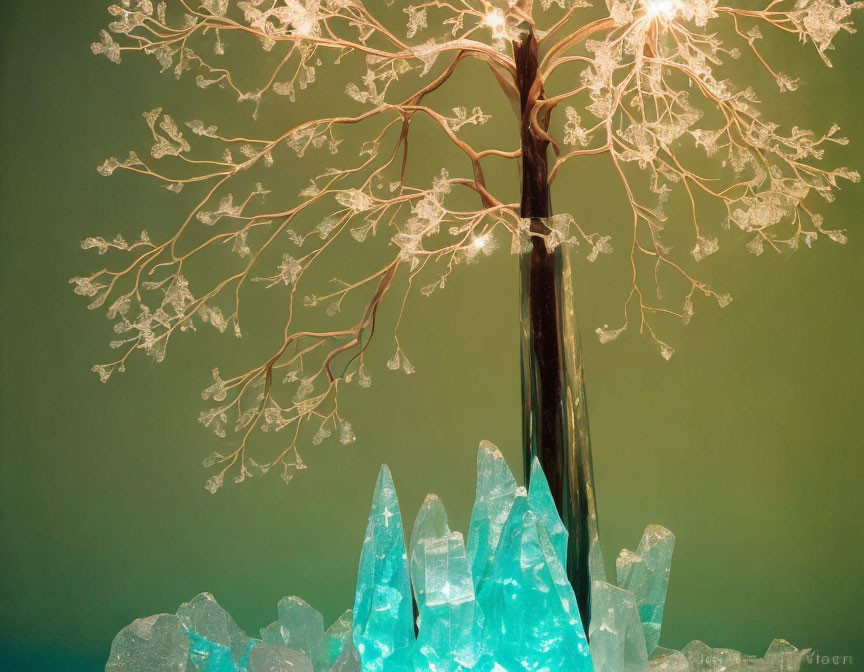 Glass tree sculpture with intricate branches on crystal-like formations against green background