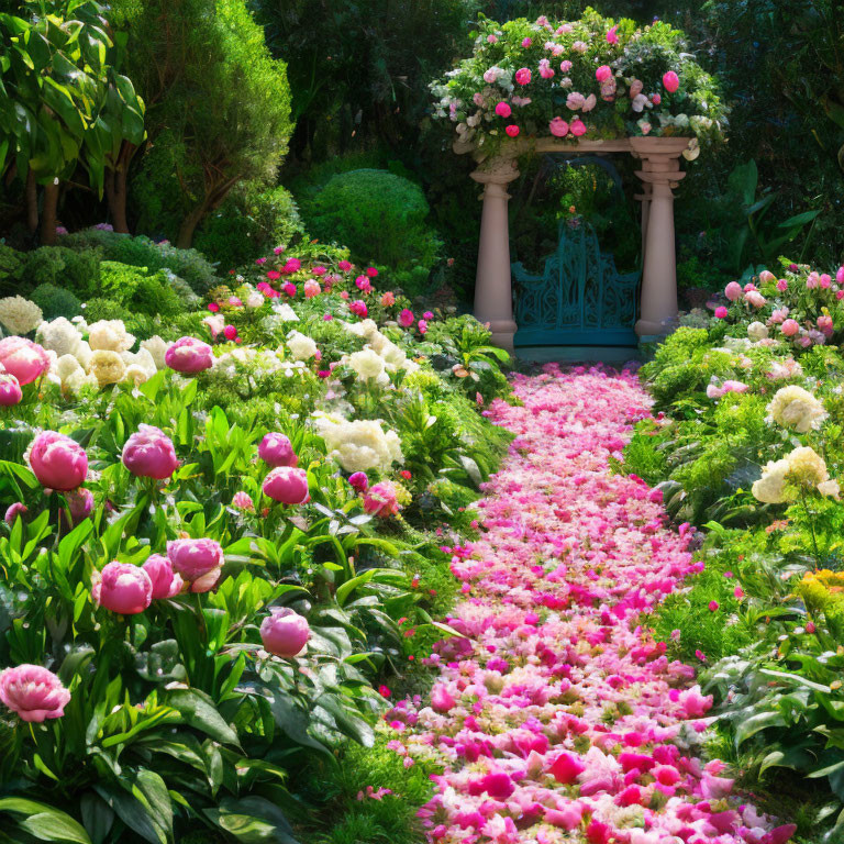 Colorful Floral Pathway with Arched Trellis and Pink Roses