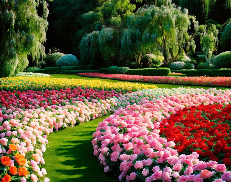 Lush garden with vibrant rows of pink, orange, and red flowers