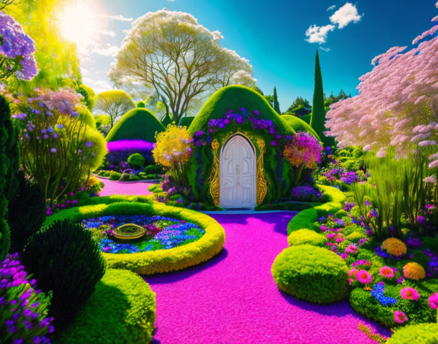 Colorful Fantasy Garden with Topiaries, Pink Path, Flowers, and Mystical Door