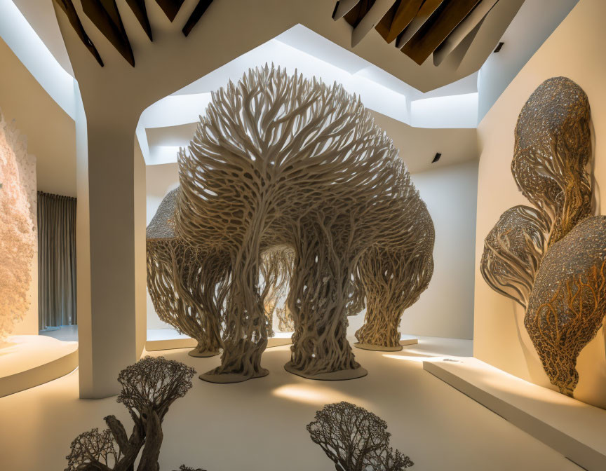 Intricate tree-like sculptures in warmly lit modern gallery