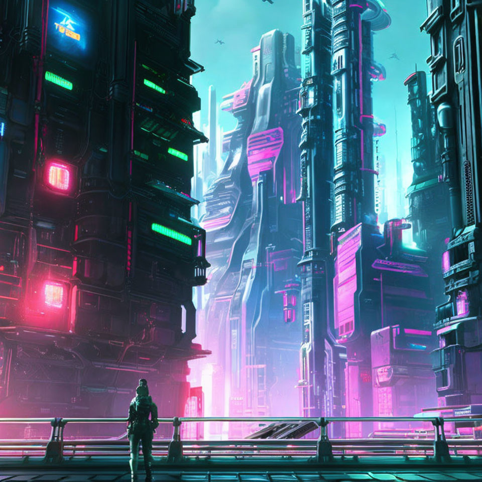 Futuristic cyberpunk cityscape with towering skyscrapers and flying vehicles