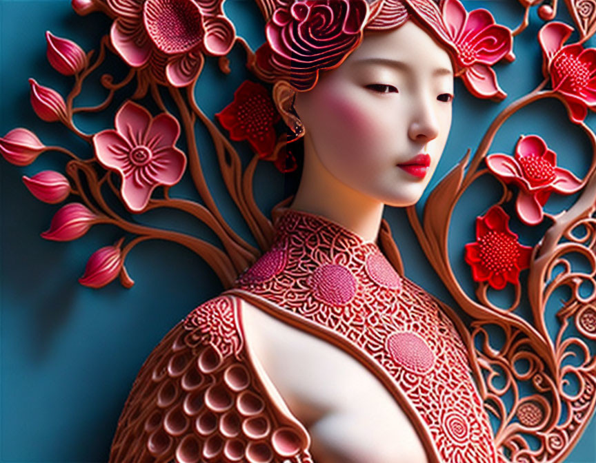 Asian Woman Illustration with Red Floral Patterns Integration