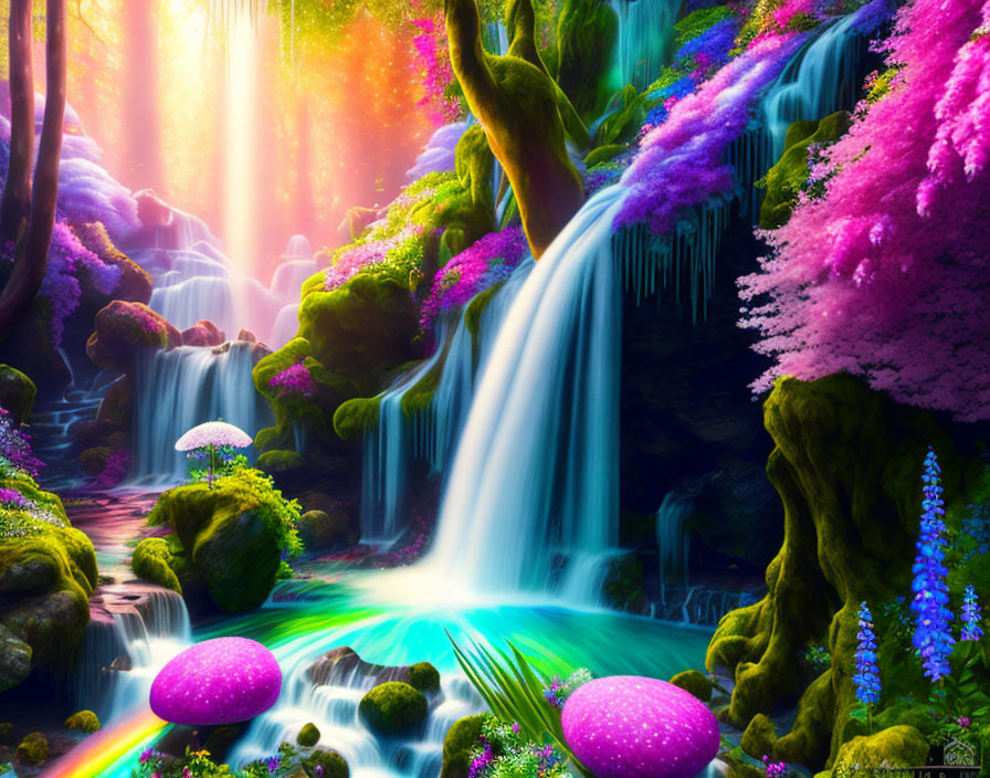 Colorful fantasy landscape with waterfalls, glowing mushrooms, and radiant light.