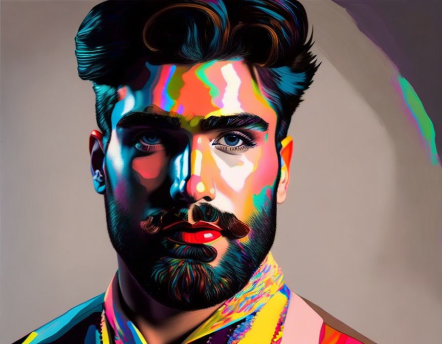 Colorful portrait of a bearded man with styled hair and vibrant shadows